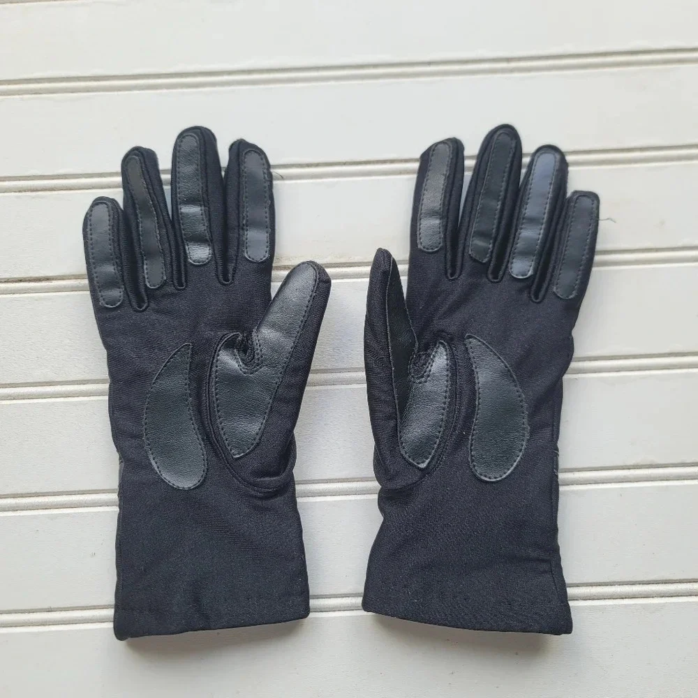 Vintage Thinsulate Black Stretch Leather  Fleece Lined Nylon Gloves OS